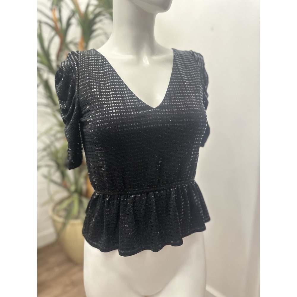 All Over Sequin Top Women size M/6/8‎ Puff Sleeve Peplum Cocktail Party Evening